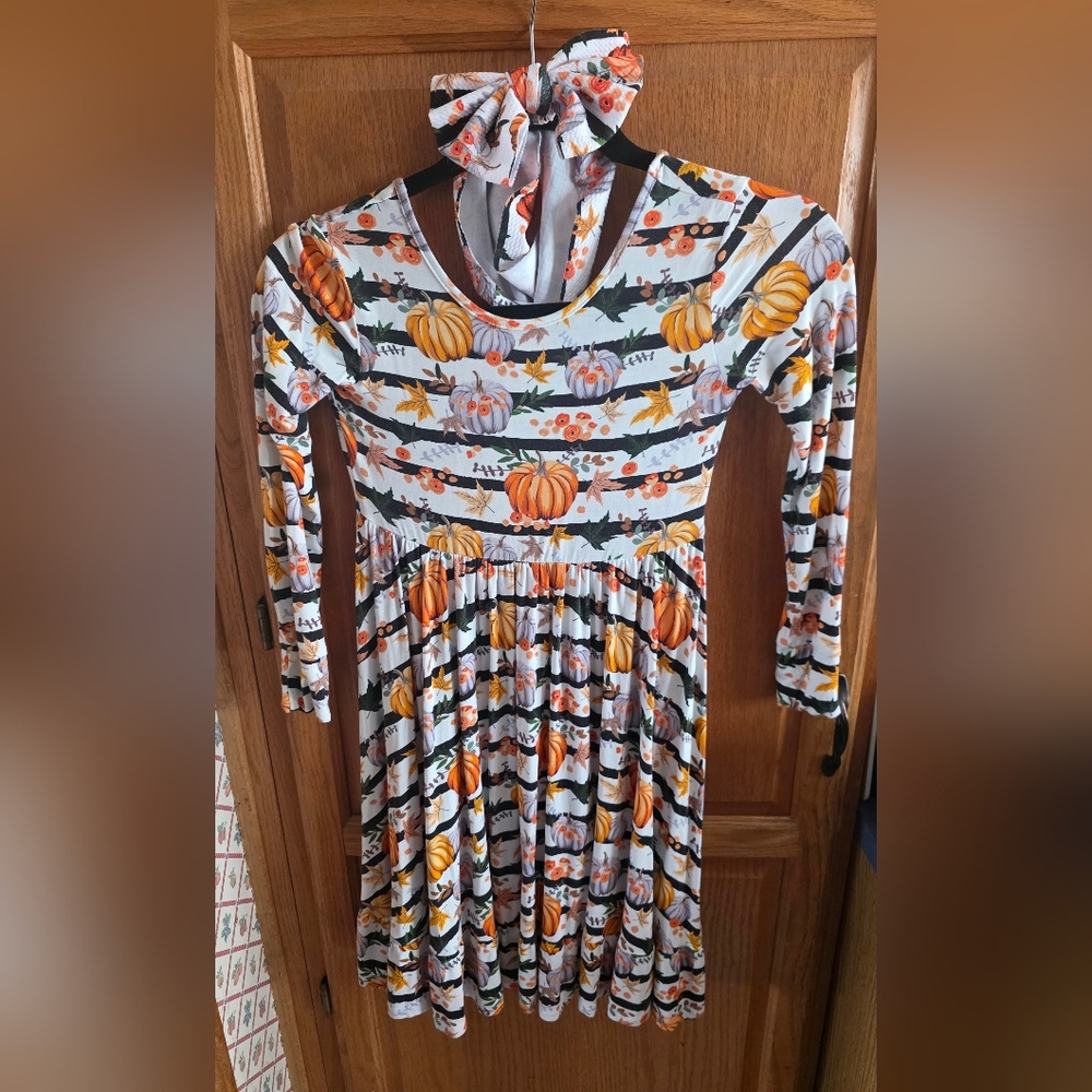 Little Bum Bums 9/10Y Girls Pumpkin Print Long Sleeve Midi Dress/head Band